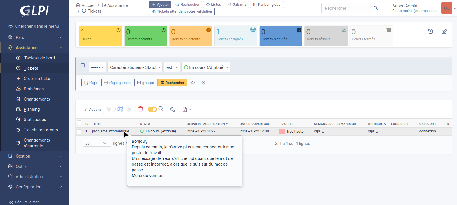 Exemple d'un ticket qui vient d'être envoyé