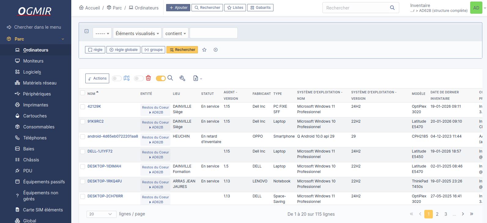 Vu d'ensemble des ordinateurs sur GLPI